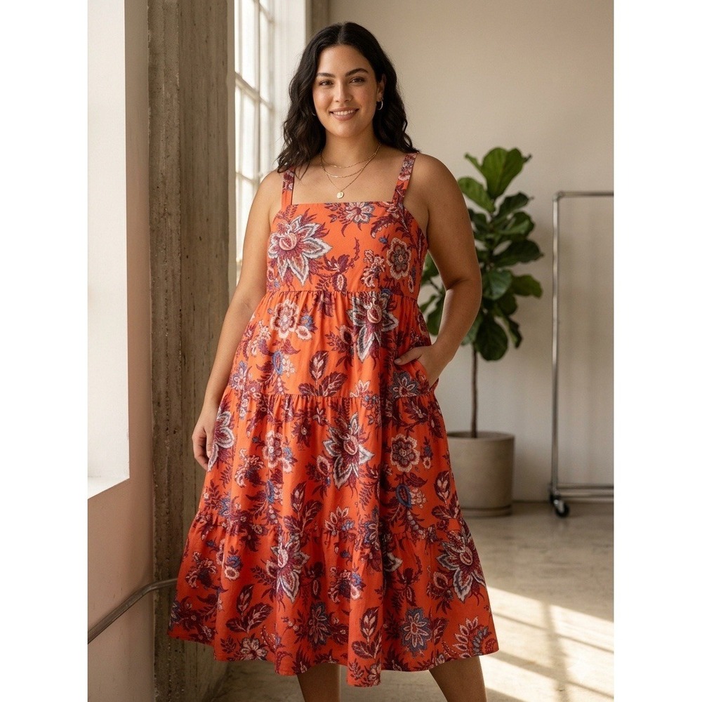 Women's Effortless Elegance Rust Orange Tiered Floral Maxi-Midi Dress Sz 2XL